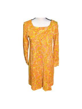 Vintage 1960s 70s Psychedelic Dress ILGWU Baby Doll Mini Paisley Yellow Pink